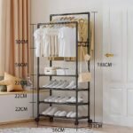 Full view of the black space-saving clothes & shoe rack with labeled height and shelf spacing details.