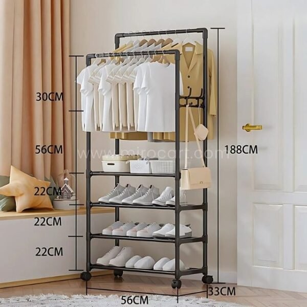 Full view of the black space-saving clothes & shoe rack with labeled height and shelf spacing details.