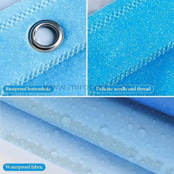 Close-up of dolphin shower curtain fabric showing water droplets, rustproof buttonholes, and neat stitching.