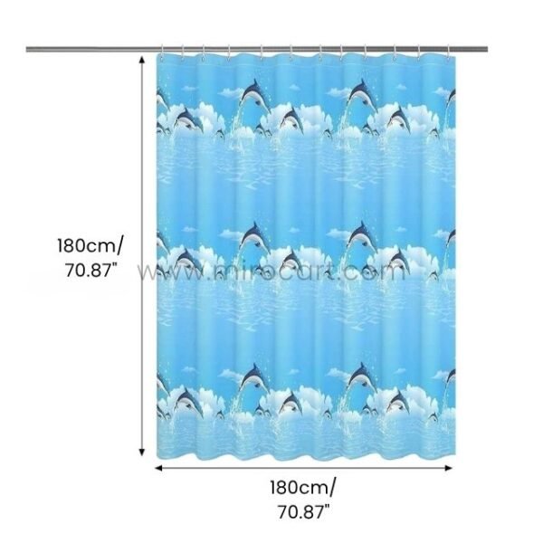 Dolphin shower curtain with dimensions clearly marked as 180cm x 180cm (70.87" x 70.87").