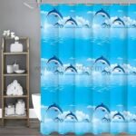 Dolphin shower curtain in a clean, minimalist bathroom with a wooden shelf and neatly arranged toiletries.