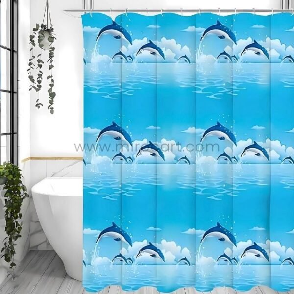 Dolphin shower curtain with playful dolphins and ocean waves in a bright modern bathroom with white fixtures and natural wood accents.