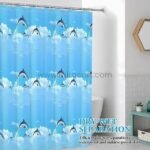 Dolphin shower curtain installed in a modern bathroom, highlighting its waterproof and mildew-proof properties.