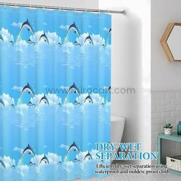 Dolphin shower curtain installed in a modern bathroom, highlighting its waterproof and mildew-proof properties.