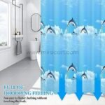 Dolphin shower curtain in a sleek bathroom, showing how it hangs smoothly without fluttering during use.