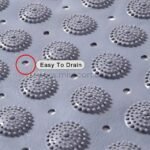 Close-up of a non-slip bathtub mat showing circular holes designed for water drainage.