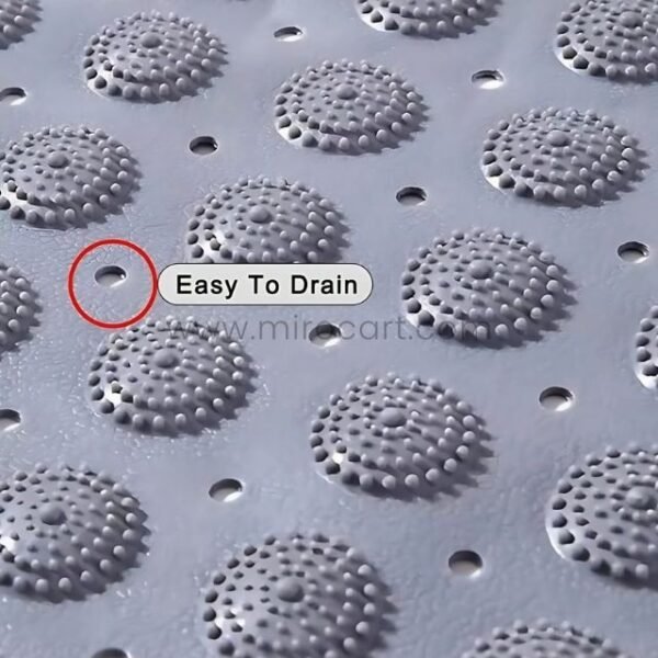 Close-up of a non-slip bathtub mat showing circular holes designed for water drainage.