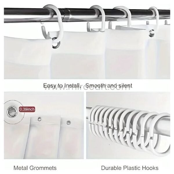 Close-up of the dolphin shower curtain’s installation parts, including smooth metal grommets and strong plastic hooks.