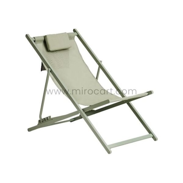 Sleek foldable beach sun lounger in neutral tones with padded headrest and weather-resistant fabric.