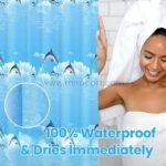 Woman wrapped in a towel smiling next to a waterproof dolphin shower curtain.