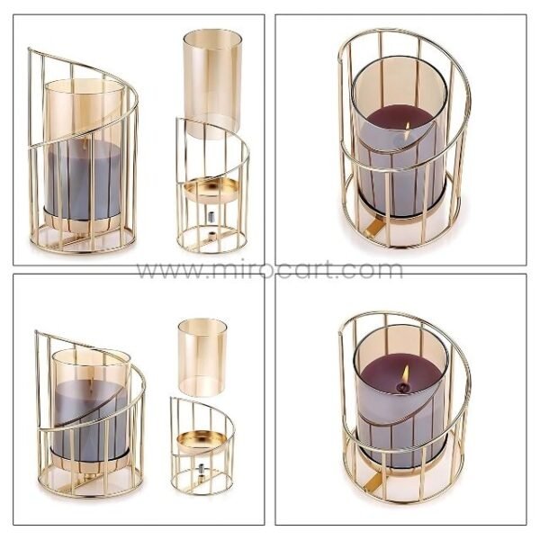 Styling options with golden pillar candle holders – candles, dried flowers, makeup brushes.
