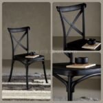 Black cross-back chair with coffee service.