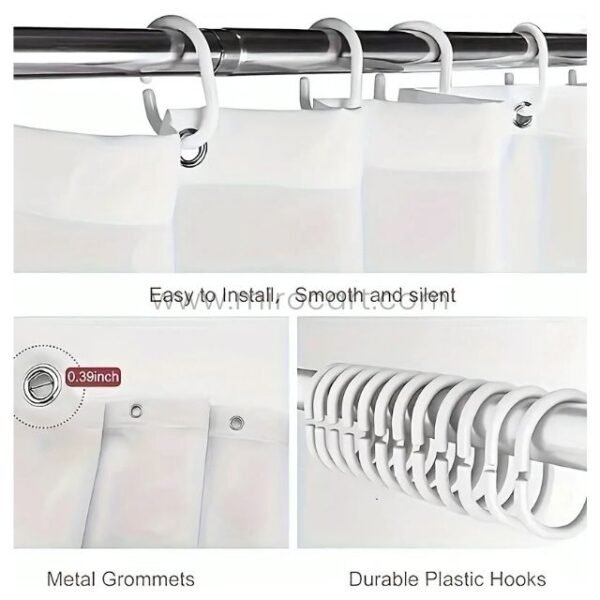 Close-up of rust-resistant metal grommets and durable plastic hooks on the modern zen shower curtain.