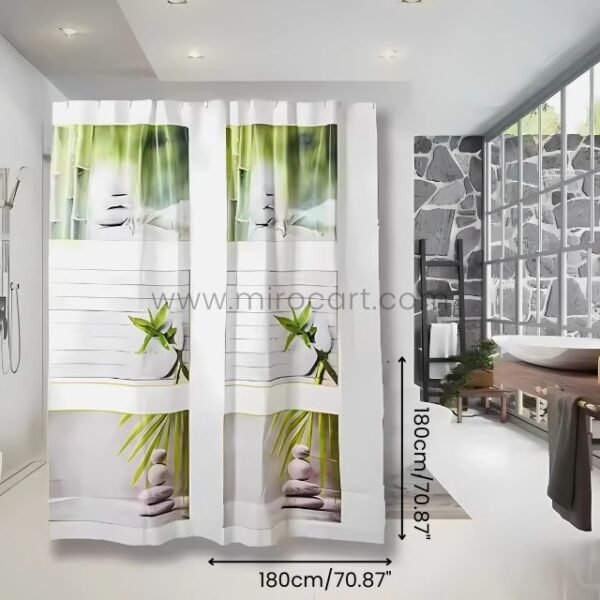 Modern zen shower curtain measuring 180cm/70.87" x 180cm/70.87", shown with dimension markings to highlight its standard fit.