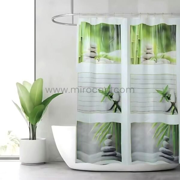 Modern zen shower curtain with soft bamboo and stacked stone patterns, styled in a minimalist, sunlit bathroom.
