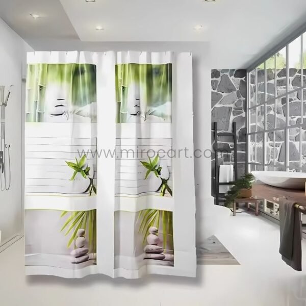 Modern zen shower curtain with subtle bamboo and stone patterns in a contemporary bathroom featuring natural light and sleek finishes.