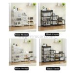 A collage comparing white and black shoe racks with 4-layer and 5-layer configurations, showcasing their versatility in various settings.