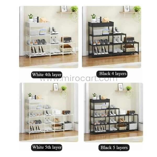 A collage comparing white and black shoe racks with 4-layer and 5-layer configurations, showcasing their versatility in various settings.