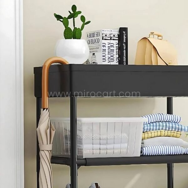 The black shoe rack’s top shelf is used to store books, a potted plant, and an umbrella, showcasing its versatility.