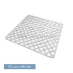 White non-slip massage bath mat labeled as 50x50cm, showing exact size reference.