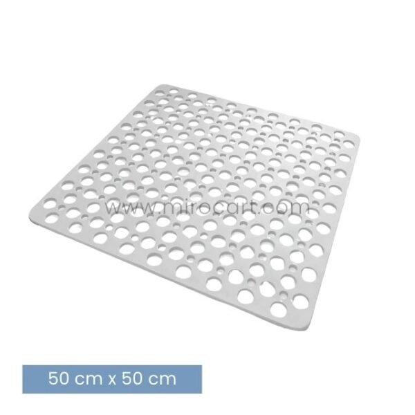 White non-slip massage bath mat labeled as 50x50cm, showing exact size reference.