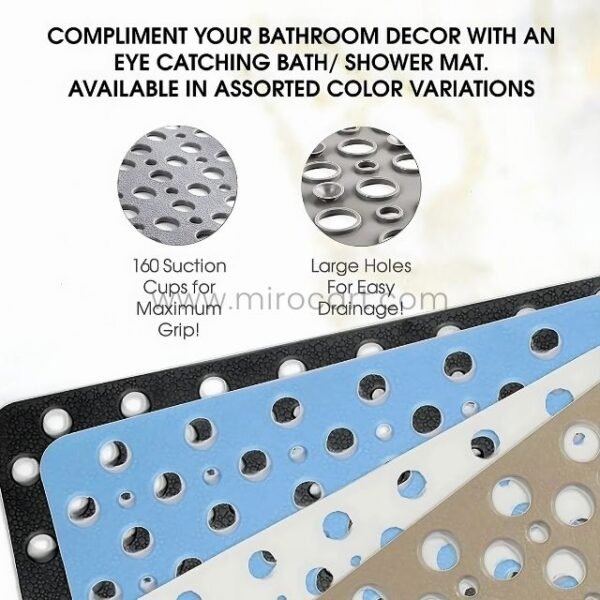 Collage showing blue, white, and gray options of the non-slip massage bath mat.