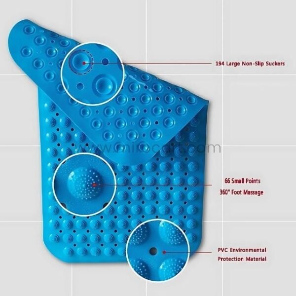Close-up illustration of a non-slip bathtub mat showing suction cups, massage points, and eco-friendly PVC material.