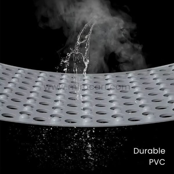 Gray non-slip massage bath mat with water droplets, highlighting durable PVC surface.