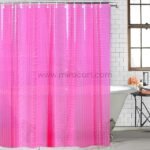 Pink textured 3D shower curtain in a bright, naturally lit bathroom with white tile walls.