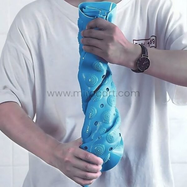 A person holding a rolled-up light blue non-slip bathtub mat, showing how easy it is to store.