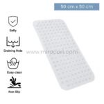 A transparent bath mat labeled 50x50cm with icons showing drainage, cleaning, and non-slip benefits.