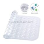 A rolled-up transparent bath mat labeled as odorless and easy to clean.