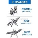 An infographic showing three usage modes of the zero-gravity lounge chair: Normal (90°–115°), Rest (115°–135°), and Sleep (135°–155°).