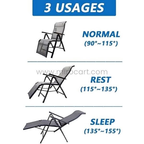 An infographic showing three usage modes of the zero-gravity lounge chair: Normal (90°–115°), Rest (115°–135°), and Sleep (135°–155°).