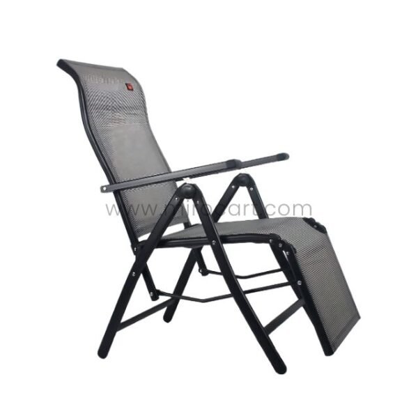 A zero-gravity lounge chair reclined at an angle, highlighting its adjustable features and mesh seat.