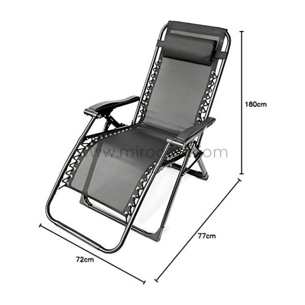 A zero-gravity lounger with clear dimension markers: 72cm (width) x 180cm (length), spacious yet compact for any patio.