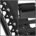 Close-up of a lounger’s padded headrest, rust-proof frame, and taut mesh seat—designed for all-day comfort.