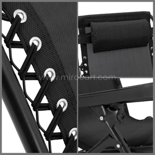 Close-up of a lounger’s padded headrest, rust-proof frame, and taut mesh seat—designed for all-day comfort.