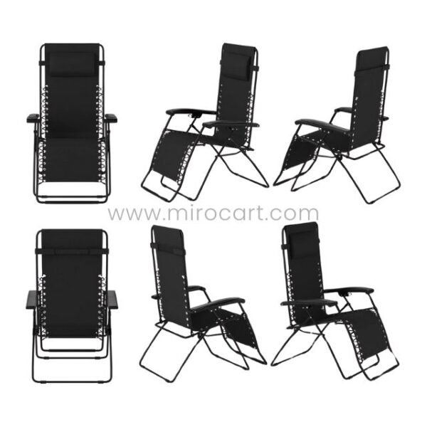 Five perspectives of a zero-gravity lounger, showcasing its versatile recline positions for reading, napping, or stargazing.