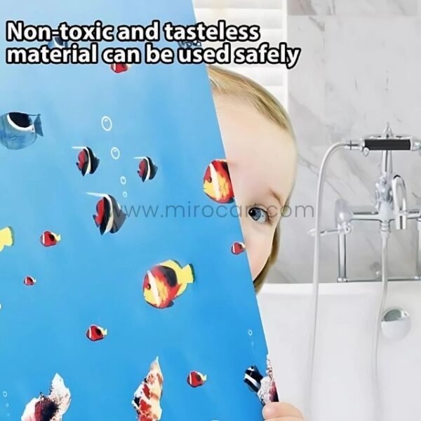 A child peeking behind an underwater-themed shower curtain, highlighting its non-toxic material.