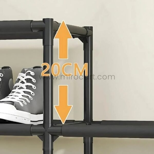 The black shoe rack features adjustable layers with a height of 20 cm, providing flexibility for different shoe sizes.