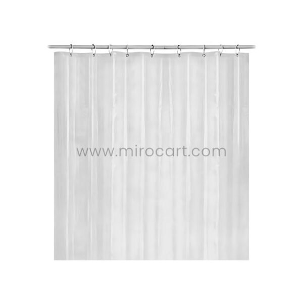 Transparent curtain hanging neatly in a clean, minimalist bathroom setup.