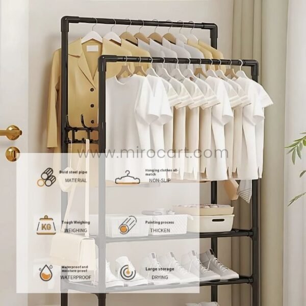 Up-close view of the sturdy metal frame and waterproof finish on the black space-saving clothes & shoe rack.