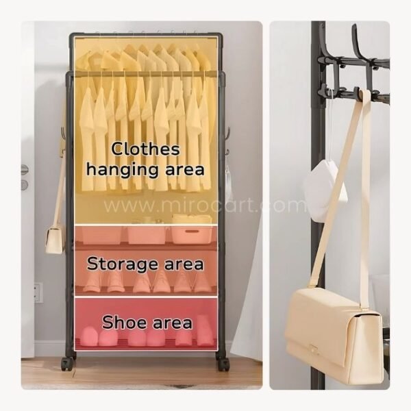 Diagram showing clearly marked sections for hanging clothes, storage baskets, and shoes on the space-saving clothes & shoe rack.