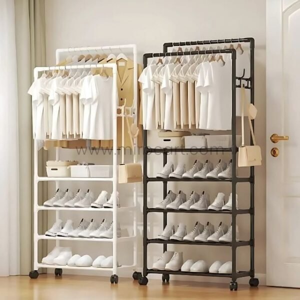 A sleek black and white space-saving clothes & shoe rack in a modern bedroom, keeping everything neat and off the floor.