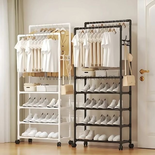A sleek black and white space-saving clothes & shoe rack in a modern bedroom, keeping everything neat and off the floor.