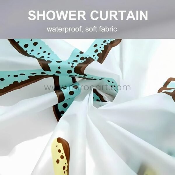 Starfish shower curtain made from soft, waterproof fabric, emphasizing its comfort and practicality.