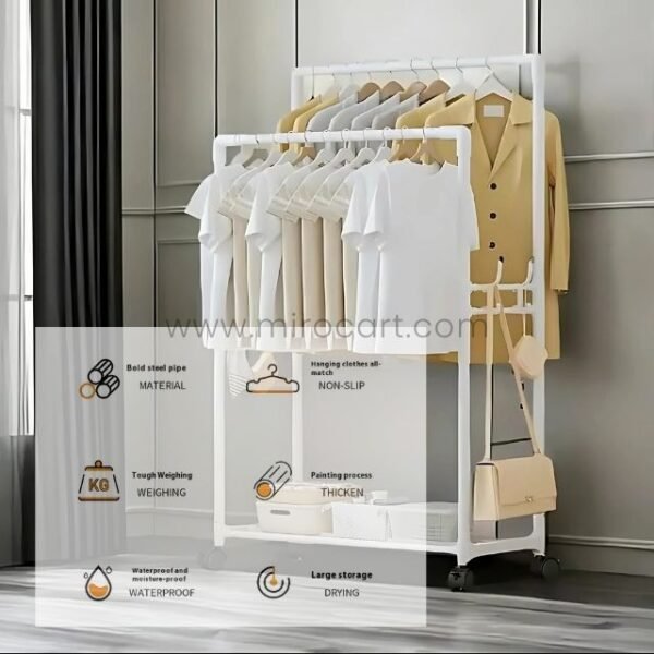 A white space-saving clothes rack showing key features like steel frame, non-slip hangers, waterproof design, and strong build.