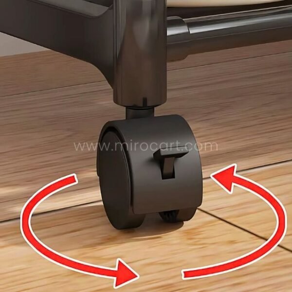 Close-up view of smooth black wheels on a space-saving clothes rack moving easily across wood flooring.