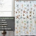 Starfish shower curtain made from eco-friendly EVA material, highlighting its silky softness, waterproof properties, 6G thickness, and wipe-clean functionality.